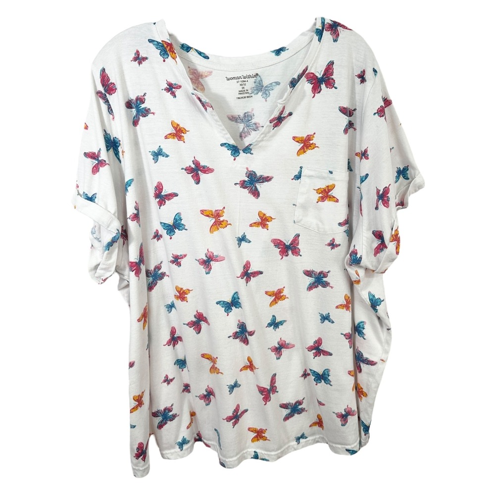 Woman Within Plus Size 30/32 Top 3X Butterfly Print V-Neck Short Sleeve Tee 707